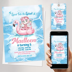 Amy Rosie poolparty verjaardagsuitnodiging GRATIS amy rosie bedankkaartjes en aquarel Sonic Girls verjaardagsuitnodiging Canva-sjabloon