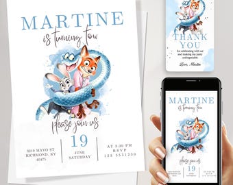 Plantilla editable de invitación de cumpleaños de Zootopia 2, invitación digital de Zootopia, tarjeta de invitación de Zootopia con descarga instantánea