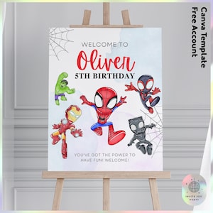 Letrero de bienvenida de superhéroe personalizable / Decoración de cumpleaños de superhéroe, letrero de bienvenida de los vengadores, regalos de fiesta de Spidey (archivo digital) JPD06