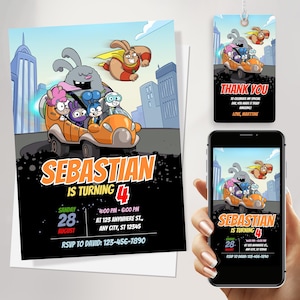 Convite de aniversário da Super Duper Bunny League | Convite engraçado para festa de coelho super-herói | Modelo editável do Canva | Download digital