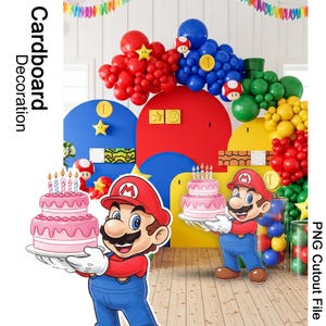 Mario-verjaardagstaart PNG-uitsparing, Super Mario Bros-feestkartonnen decoratie, afdrukbare Mario-taartrekwisiet voor kinderen verjaardagsachtergrond