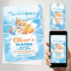 Bewerkbare Sonic Miles Tails Prower-verjaardagsuitnodiging voor zwembadfeest GRATIS Sonic Thank You-tags en aquarel Sonische verjaardag, Canva-sjabloon