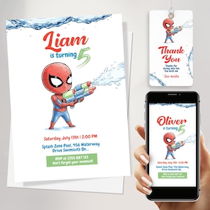 Editable Spider-Man Pool Party Invitation Template | Kids Birthday Swim Party Canva Design | Printable Digital Download + Thank You Tag
