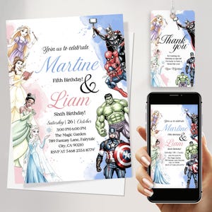 Faire-part d'anniversaire commun super-héros et princesse | Faire-part personnalisé garçon et fille | Célébration d'anniversaire d'un frère ou d'une sœur à imprimer