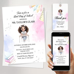 Modèle d'invitation pour le dernier jour d'école de la maison de poupée de Gabby | Jolie invitation à une fête d'autobus scolaire aquarelle pour enfants | Téléchargement numérique modifiable