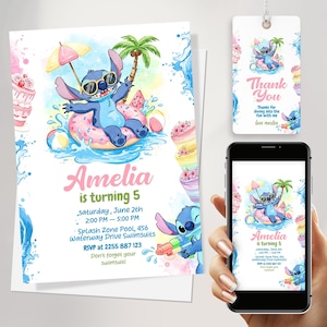 Faire-part d'anniversaire à la piscine avec points aquarelle pour fille avec étiquettes de remerciement et invitation pour téléphone | Téléchargement du modèle Summer Beach Canvas