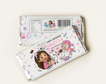 Personalized Dollhouse Chocolate Bar Wrapper, Birthday Candy Bar Label, Girl Party Favors, Printable Chocolate Wrap, Digital File JPD11