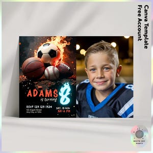 Sport-Geburtstagseinladung mit Foto | All-Star-Party einladen Canva Vorlage | Fußball Basketball Thema | Sofortdownload JPD09