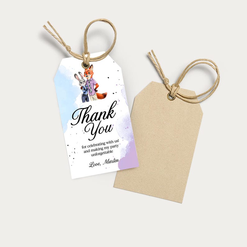 May include: Two gift tags with twine. One tag features a watercolor design with a cartoon fox and rabbit, and the words "Thank You." The second tag is blank. The text reads "for celebrating with us! and making my party unforgettable. Love, Marten."