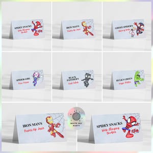 Superhero Birthday Food Label / Food Tent Karte | Aquarell die Rächer Geburtstagsdekoration | Spidey Gastgeschenke (Digitale Datei) JPD06