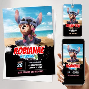 Faire-part d'anniversaire Lilo & Stitch | Invitation tropicale d'extraterrestre pour les enfants | Thème du film 2025 | Modèle de toile modifiable en téléchargement numérique
