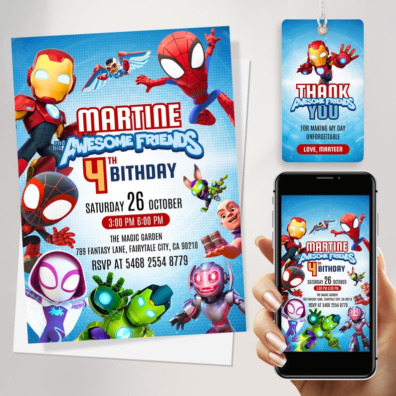 Może przedstawiać: Zaproszenie urodzinowe i zawieszka na prezent z kresk&oacute;wkowymi superbohaterami. Na zaproszeniu widnieje napis "Martine Awesome Friends 4th Birthday" ze szczeg&oacute;łami wydarzenia. Smartfon wyświetla projekt zaproszenia. Na zawieszce na prezent napis "Dziękuję".