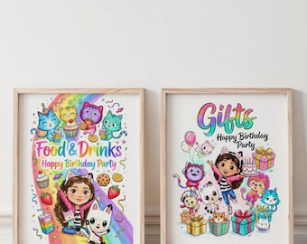 Personalized Dollhouse Birthday Station Signs, Food and Drinks Gift Table Posters, Custom Cat Girl Party Decor, Digital Download JPD11