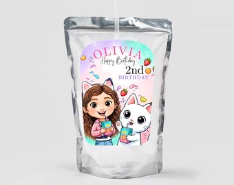 Personalized Dollhouse Juice Pouch Label, Custom Cat Girl Birthday Juice Wrapper Birthday Party Favor, Printable Digital Download File JPD11