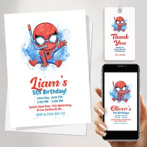 編集可能なスパイダーマン プールパーティー招待状テンプレート | お子様の誕生日スイミングパーティー Canva デザイン | 印刷可能なデジタルダウンロード + サンキュータグ
