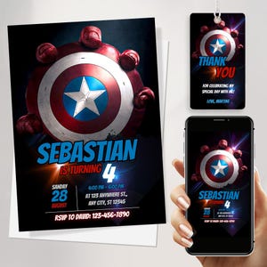Modello modificabile di invito di compleanno di Capitan America Canva, invito digitale di Capitan America download immediato, invito di supereroi Avengers
