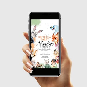 May include: A smartphone displays a colorful birthday party invitation. The invitation features cartoon characters and the text "BIRTHDAY PARTY Martine is turning 8". The date is Saturday, October 26th, with the time and location details included.