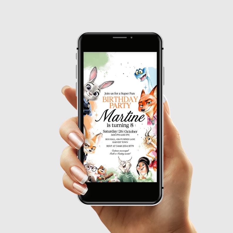 May include: A smartphone displays a colorful birthday party invitation. The invitation features cartoon characters and the text "BIRTHDAY PARTY Martine is turning 8". The date is Saturday, October 26th, with the time and location details included.