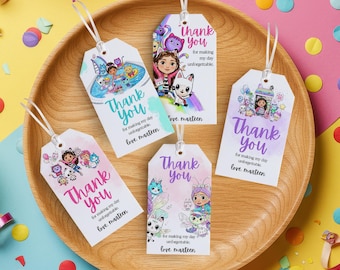 5 Personalized Gabby Dollhouse Thank You Tags, Custom Gabby Cat Favor Tags, Girl Birthday Party Favors, Gabby Dollhouse Party Supplies JPD11