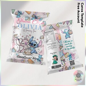 Puede incluir: Dos bolsas de patatas fritas con un diseño rosa y blanco con personajes de dibujos animados. Una bolsa dice "Ohana Chips OLIVIA is turning tow" y "Stitch Crunch Time". La otra bolsa dice "¡Muchas gracias por venir a mi fiesta!"