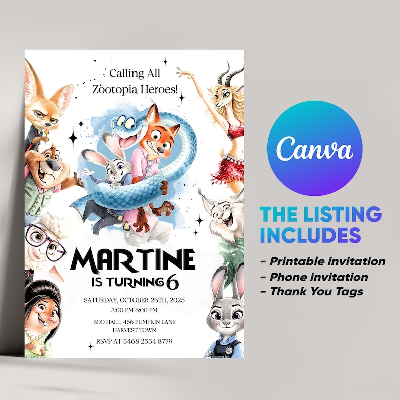 K&ouml;nnte beinhalten: Eine Geburtstagseinladung zum Thema Zootopia mit Zeichentrickfiguren. Die Einladung enth&auml;lt den Text "Calling All Zootopia Heroes!" und "Martine wird 6." Das Angebot umfasst eine druckbare Einladung, eine Telefon-Einladung und Dankeskarten.