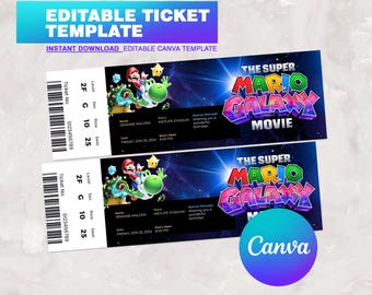 Super Mario Galaxy Movie Ticket Template, Birthday Party Invite, Printable Cinema Ticket, Canva Instant Download, Event Ticket Template