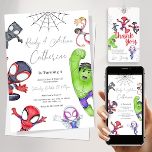 Invito per il 4° compleanno di un supereroe (Ready 4 action), invito per il 4° compleanno, invito per la festa di Spidey per il 4° compleanno, invito per bambini di 4 anni