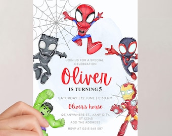 Watercolor Superhero birthday invitation with FREE Avengers Thank You Tags & Digital Spidey and his friends Invitation Canva Template JPD06