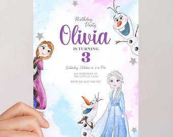 Editable Frozen Birthday Invitation: Editable Canva Template with Thank You Tags (Digital Download) - JPD04