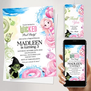 Modèle de toile de faire-part d'anniversaire Wicked | Elphaba et Glinda, invitation à une fête à la piscine | Soirée cinéma Wicked | Téléchargement numérique modifiable