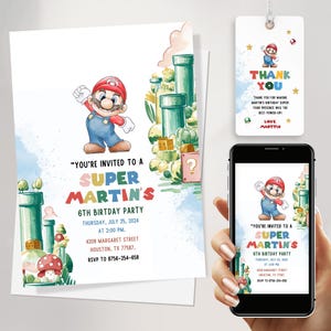 Super Mario Geburtstagseinladung Digitaler Download mit KOSTENLOSEN Danke-Tags und Mario Einladung Anpassbar auf Canva Vorlage JPD08