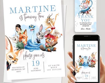 Plantilla editable de invitación de cumpleaños de Zootopia 2, invitación digital de Zootopia, tarjeta de invitación de Zootopia con descarga instantánea