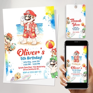 Super Mario Beach Pool-Party Einladung | Tropische Sommer-Geburtstags-Einladung mit Mario & Friends | Bearbeitbarer Canva Download + Danke-Tag