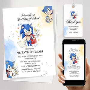 Modèle d'invitation de Sonic pour le dernier jour d'école | Jolie invitation à une fête d'autobus scolaire aquarelle pour enfants | Téléchargement numérique modifiable
