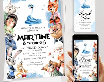 Plantilla editable de invitación de cumpleaños de Zootopia 2, invitación digital de Zootopia, tarjeta de invitación de Zootopia con descarga instantánea