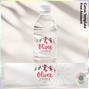 May include: Water bottle label with a Spiderman theme. The label is white with a red and black spider web design. It says "Oliver is turning 5" and "Spidey's Refreshing Water".