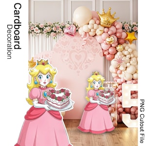 Princess Peach verjaardag PNG-uitsparing, Super Mario Girl Party-kartonnen decoratie, afdrukbaar Peach-taarttopper digitaal bestand