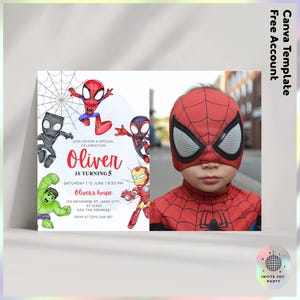 Convite de aniversário do Homem-Aranha com foto, convite de aniversário do Aranha e seus amigos incríveis, modelo Canva, download instantâneo JPD06