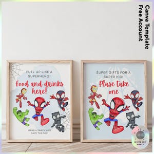 Spiderman-födelsedagsmat och presentskylt | Anpassningsbar superhjälte-födelsedagsdekoration | Spiderman-festgåvor (digital fil) JPD06