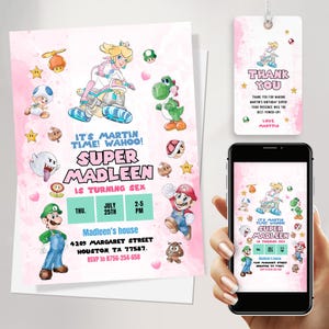 Princess Peach Geburtstags-Canva-Vorlage - Super Mario Girl Invite Set zum 6. Geburtstag - Bearbeitbarer Download mit Telefon & Tags JPD08