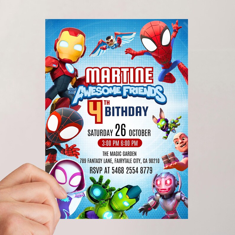 Może przedstawiać: Niebieskie zaproszenie na przyjęcie urodzinowe z postaciami z kresk&oacute;wek superbohater&oacute;w. Zaproszenie brzmi "Martine and his Awesome Friends 4th Birthday" ze szczeg&oacute;łami wydarzenia: sobota, 26 października, 15:00 i 18:00. Zawiera szczeg&oacute;ły RSVP.