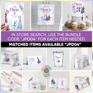 May include: A set of Frozen-themed party supplies featuring a purple and blue watercolor background with images of Elsa, Anna, Olaf, and Kristoff. The set includes a welcome sign, a cake topper, cupcake toppers, favor bags, water bottle labels, favor boxes, a banner, and a chocolate bar wrapper. The text on the items reads "Olivia's 3rd Birthday!" and "Welcome to Olivia's 3rd Birthday!"