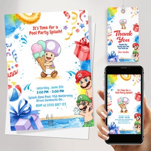 Super Mario Pool-Party Einladung | Summer Splash Geburtstagseinladung mit Mario & Kröte | Bearbeitbarer digitaler Download + kostenloses Dankeschön-Tag