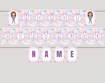 Personalized Dollhouse Birthday Banner, Custom Name Cat Girl Party Bunting Flags, Girl Birthday Decorations Instant Download Printable JPD11