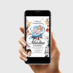 K&ouml;nnte beinhalten: Ein Smartphone zeigt eine Einladung zum Geburtstag im Zootopia-Design. Die Einladung zeigt Zeichentrickfiguren und den Text "Calling All Zootopia Heroes!" und "Martine is turning 6". Datum und Uhrzeit sind ebenfalls angegeben.