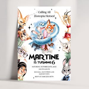 K&ouml;nnte beinhalten: Eine Geburtstagseinladung im Zootopia-Stil mit Aquarellillustrationen von Charakteren aus dem Film. Die Einladung enth&auml;lt den Text "Calling All Zootopia Heroes!" und "Martine wird 6". Datum, Uhrzeit und Ort sind ebenfalls angegeben.