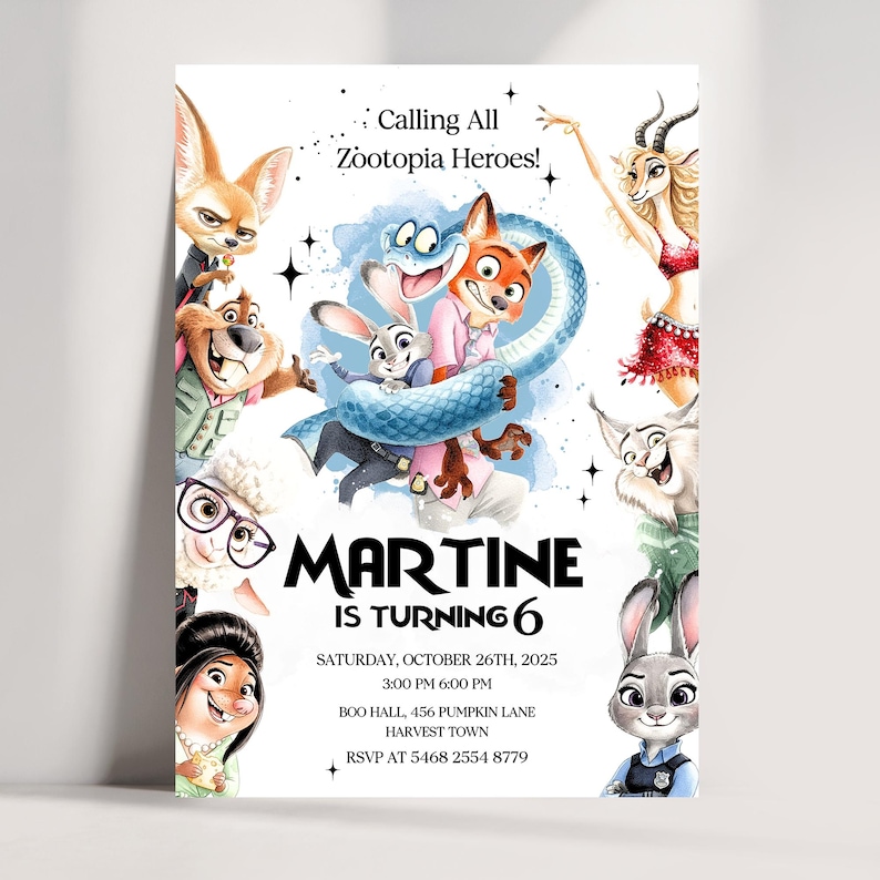 K&ouml;nnte beinhalten: Eine Geburtstagseinladung im Zootopia-Stil mit Aquarellillustrationen von Charakteren aus dem Film. Die Einladung enth&auml;lt den Text "Calling All Zootopia Heroes!" und "Martine wird 6". Datum, Uhrzeit und Ort sind ebenfalls angegeben.