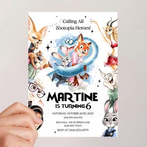 K&ouml;nnte beinhalten: Eine Geburtstagseinladung mit Zootopia-Charakteren. Die Einladung enth&auml;lt den Text "Calling All Zootopia Heroes!" und "Martine wird 6." Datum, Uhrzeit und RSVP-Informationen sind ebenfalls enthalten.
