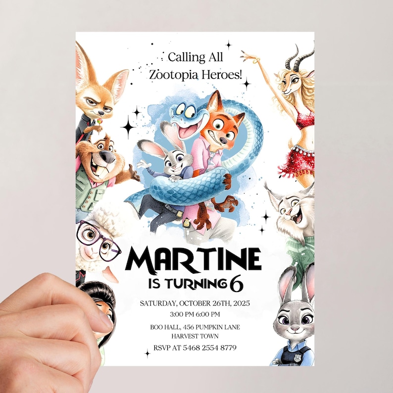 K&ouml;nnte beinhalten: Eine Geburtstagseinladung mit Zootopia-Charakteren. Die Einladung enth&auml;lt den Text "Calling All Zootopia Heroes!" und "Martine wird 6." Datum, Uhrzeit und RSVP-Informationen sind ebenfalls enthalten.