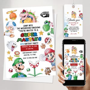 Super Mario Canva Geburtstagseinladungsvorlage - 6. Geburtstagsparty-Bundle mit Telefoneinladung & Tags - Printable Editable Download JPD08